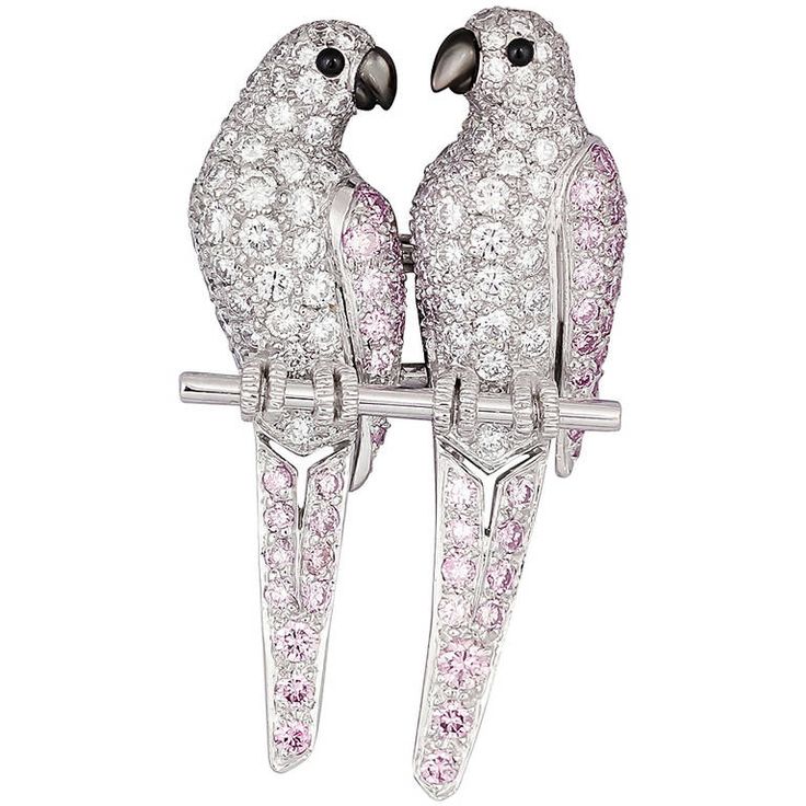 Cartier Pink and White Diamond Platinum Lovebirds Brooch