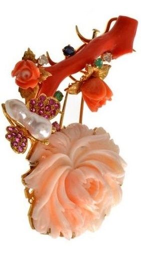 Coral Ruby Emerald Diamond Gold Floral Lapel Brooch/Pendant