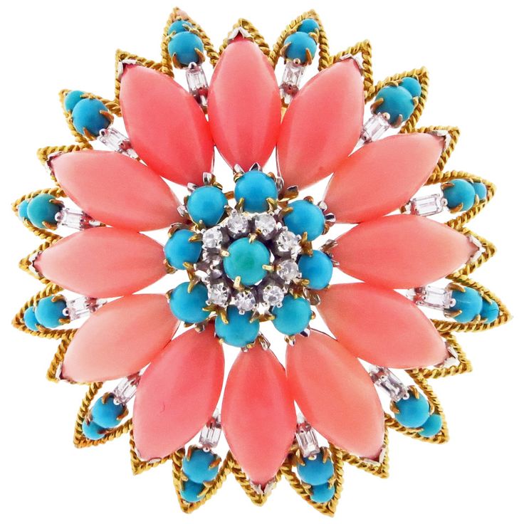Gently Hued Coral Turquoise Diamond Brooch | From a unique collection of vintage...