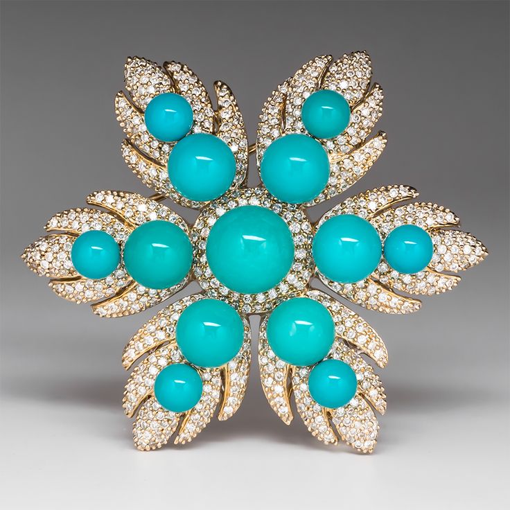 LeVian Turquoise & Diamond Brooch 14K Gold