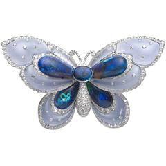 Opal Chalcedony Diamond Platinum motýl brož
