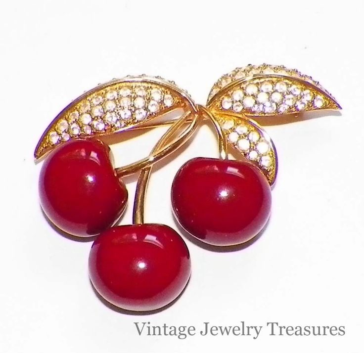 QVC JOAN RIVERS Red Cherries Crystal Gold Tone Pin #JoanRivers
