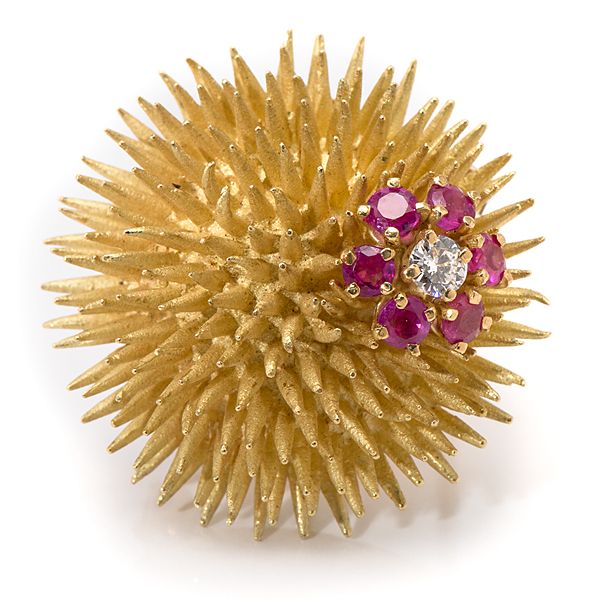 Tiffany & Co. 18 Karat Sea Urchin Pin with Diamond and Rubies, 18k yellow gold s...