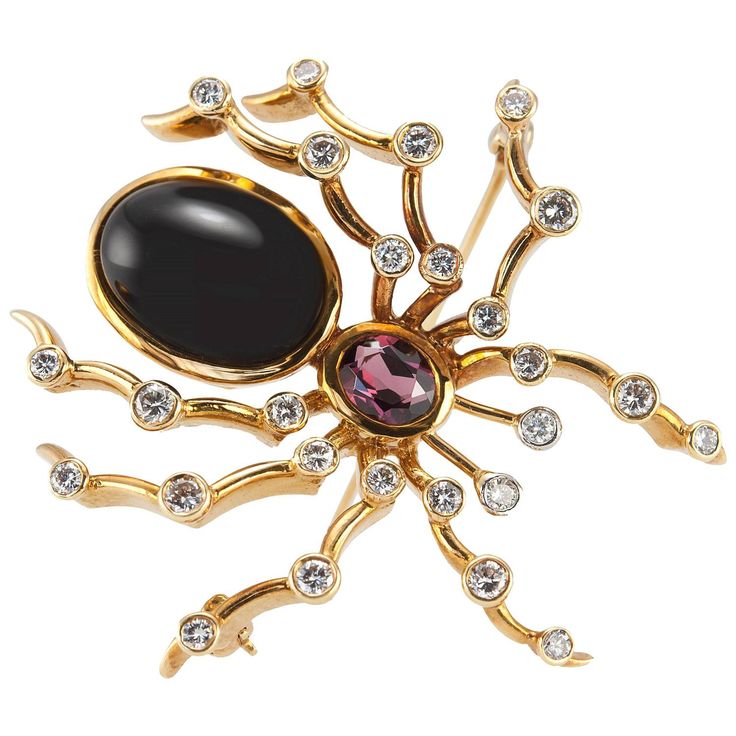 Tiffany & Co. Paloma Picasso Onyx Tourmaline Diamond Gold Spider Brooch | From a...
