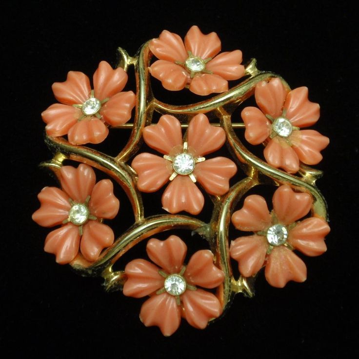 Trifari Flower Pin with Coral Tone Petals and Clear Rhinestones Vintage