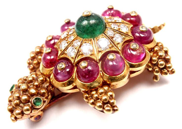 VAN CLEEF  ARPELS Turtle Diamond Emerald Ruby Yellow Gold Pin Brooch | $20,000