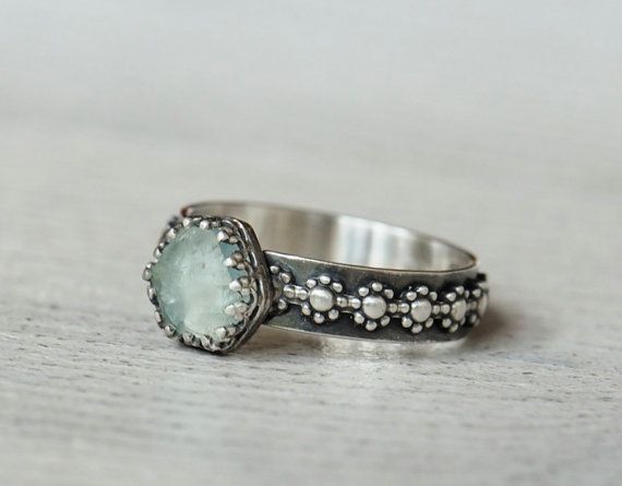 Rough aquamarine ring sterling silver with by SilverBlueberry