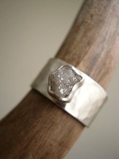 Rough diamond on Wide Hammered band - Engagement, Wedding, Anniversary Ring in S...