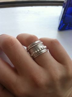 Set of 11 Sterling Silver Stacking Rings, 9 Smooth or Hammered Bands, 1 Large & ...