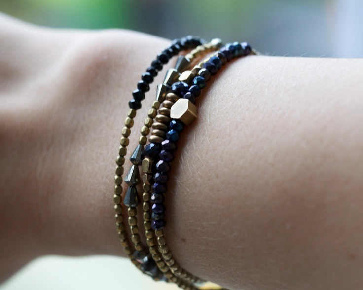 Black spinel bracelet: delicate bracelet. Stackable jewelry. Brass & beads colle...