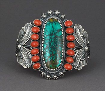 Cuff | Kirk Smith (Navajo).  Silver, Turquoise & Coral
