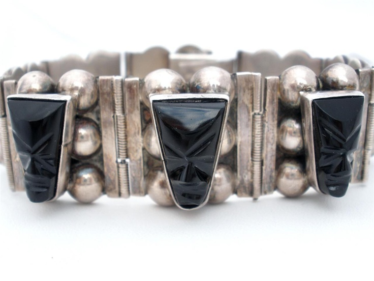 Sterling Silver Carved Black Onyx Tribal Mask Face Mexico Estate 60 Grs Bracelet...