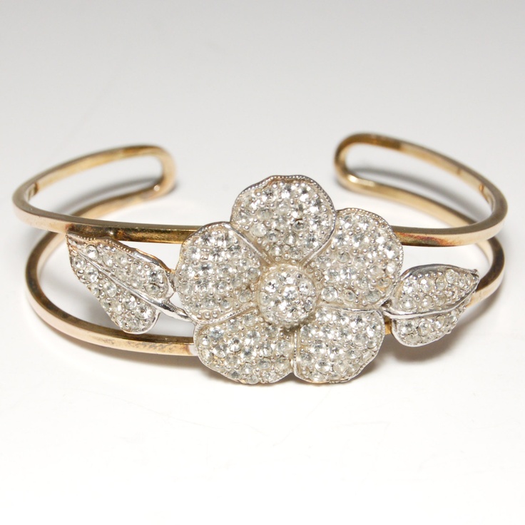 Vintage Gold Tone and Sterling Pave Rhinestone Flower Bracelet made in Italy by ...