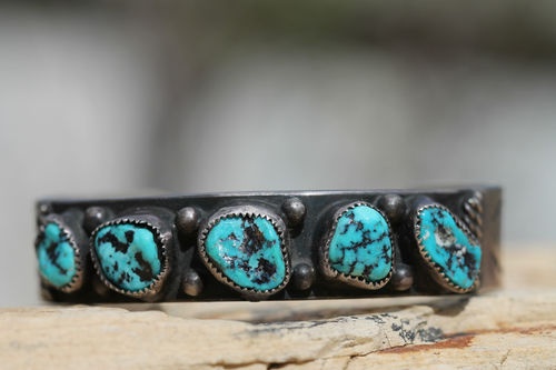 Vintage Hallmarked Southwestern Tribal Sterling Silver Turquoise Row Bracelet | ...