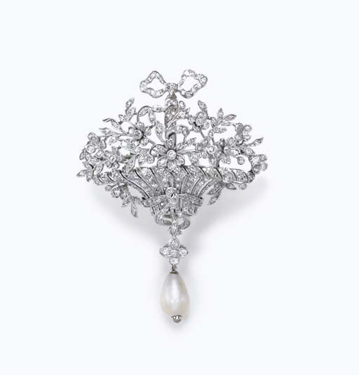 A BELLE EPOQUE DIAMOND AND FRESHWATER PEARL BROOCH, BY MARCUS & CO.   Designed a...