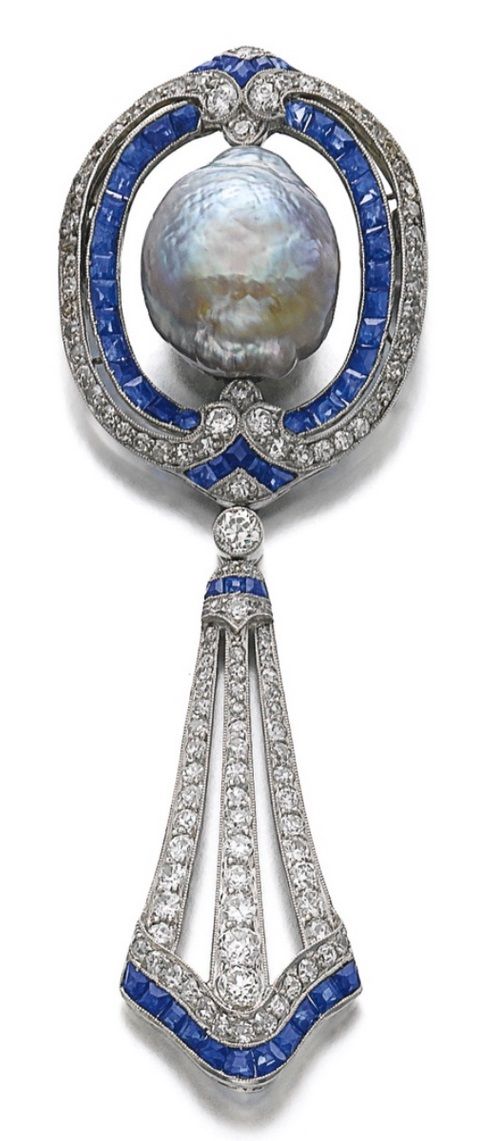 A Belle Epoque sapphire, diamond and cultured pearl brooch, circa 1910, with lat...