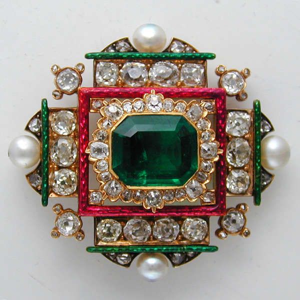 A Fine Victorian Emerald, Diamond, Pearl and Enamel Brooch