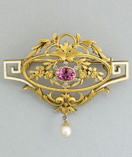 BELLE ÉPOQUE ENAMELLED GOLD AND PINK TOURMALINE BROOCH WITH DIAMONDS, circa…