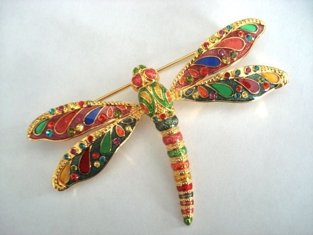 Joan Rivers Large Multi Color Enamel DRAGONFLY Pin Brooch..Signed & Great Cond!