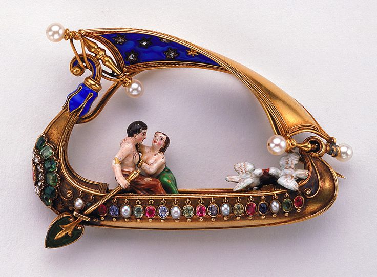LOVERS IN A BOAT BROOCH, CA. 1880 Gold, enamel, diamonds, sapphires, emeralds, r...