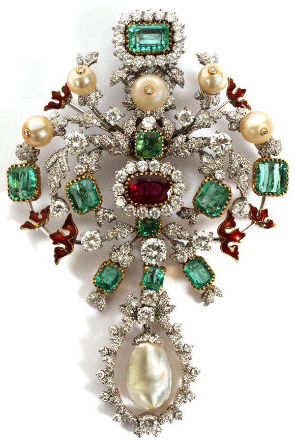 Lot: ANTIQUE GOLD RUBY EMERALD DIAMOND & PEARL BROOCH, Lot Number: 122202, Start...
