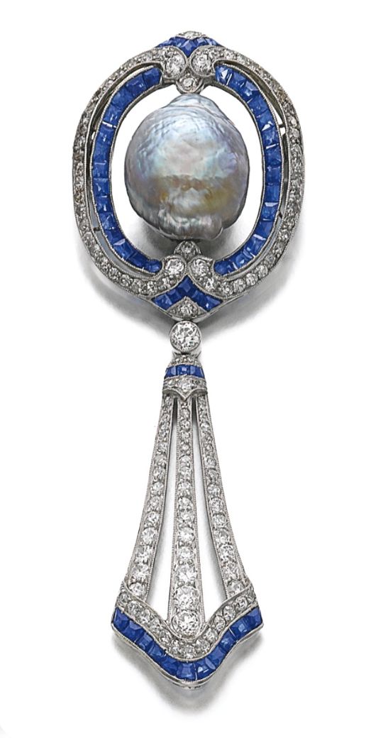 SAPPHIRE, DIAMOND AND CULTURED PEARL BROOCH, CIRCA 1910 WITH LATER MODIFICATION....