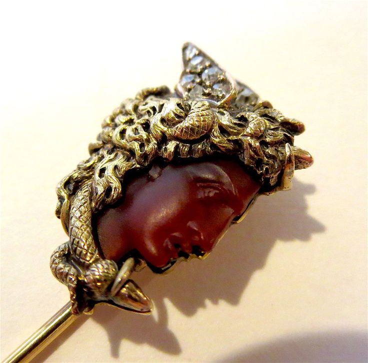 STICKPIN Antique GOLD Diamond AGATE Medusa 19th CENTURY #Unbranded
