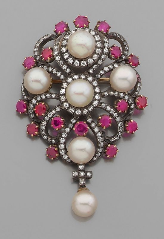 late 19th century diamond, ruby, and pearl brooch
