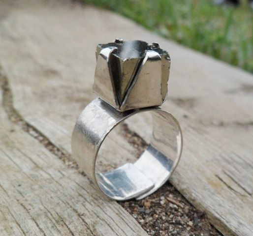 Pyrite cube and sterling silver ring. Adjustable ring. by Unics, $55.00