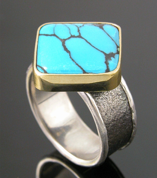 Turquoise ring - sterling silver band with inlaid rock textured titanium and tur...
