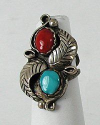 Vintage Navajo Sterling Silver  Coal and Turquoise Ring