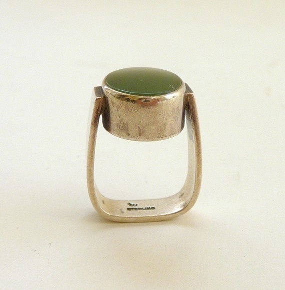 Vintage Sterling Silver Ring with Green Stone - Bezel Set