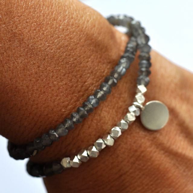 Silver Gemstone bracelet. Beaded Bracelet. Gray Moonstone double wrap bracelet. ...
