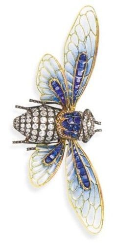 A superb enamel and gem-set Cicada brooch, by Boucheron. The wings of green and ...