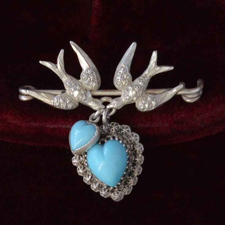 Antique Charles Horner Silver Victorian Swallow Bird Brooch Blue Heart Pendant