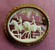 Vintage 1920's French Ivory Brooch Pin, Horse Back Riders