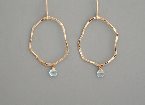 14k Gold filled or sterling silver organic hoop earrings with pale blue aquamari...
