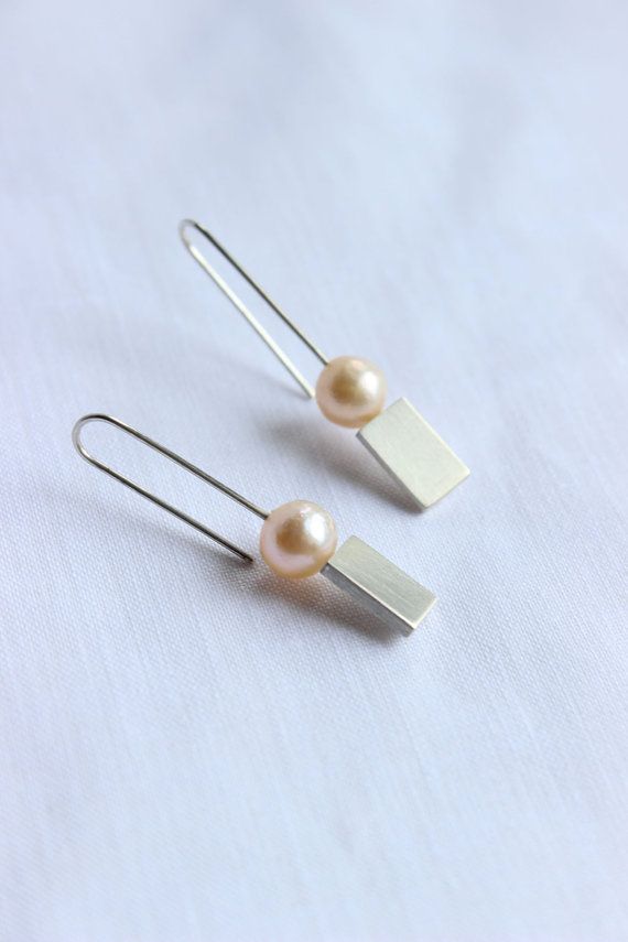 Freshwater pearl and sterling silver, Rectangular and Romantic earrings, Geometr...