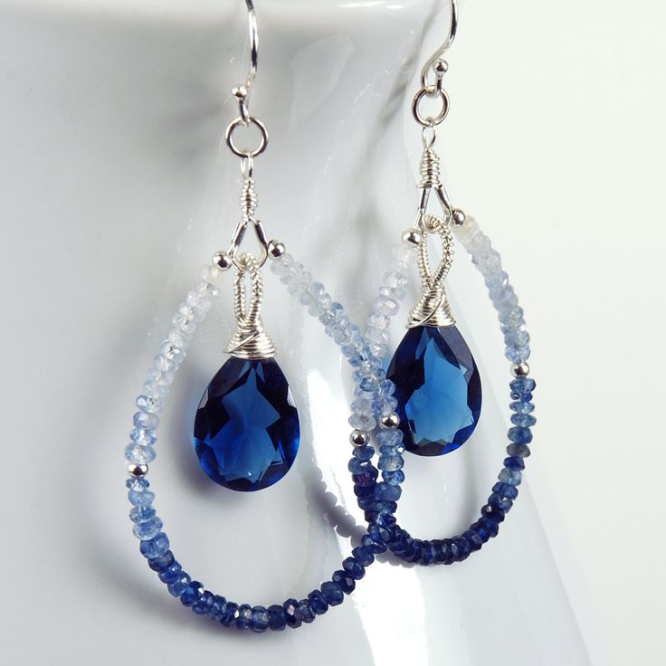 Shaded  Blue Sapphire, Kashmir Blue Quartz and Sterling Silver Teardrop Earrings...