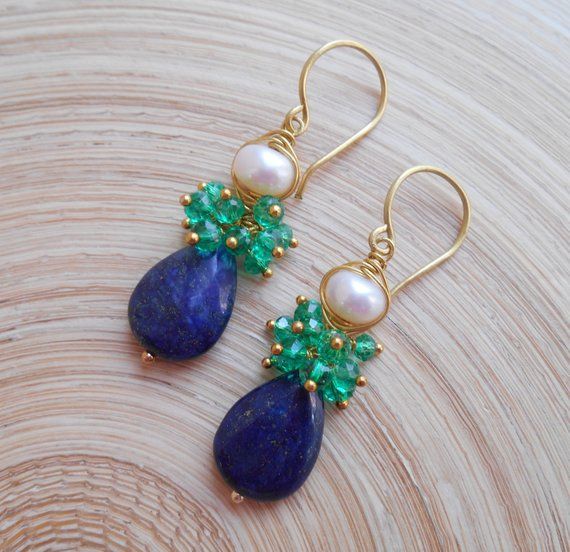 Sidonie gemstone cluster earrings cobalt navy dark blue emerald green lapis lazu...