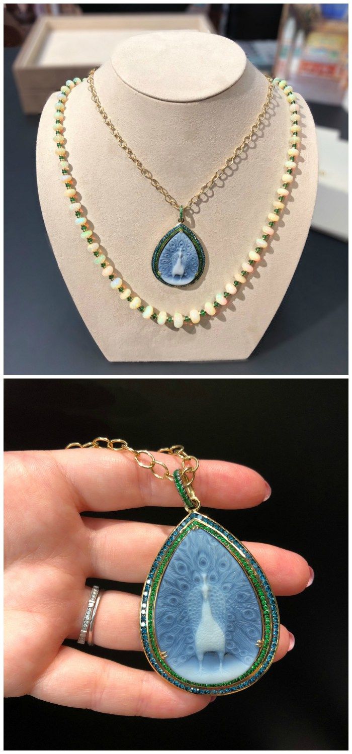A beautiful opal bead necklace and peacock cameo pendant by Syna Jewels.