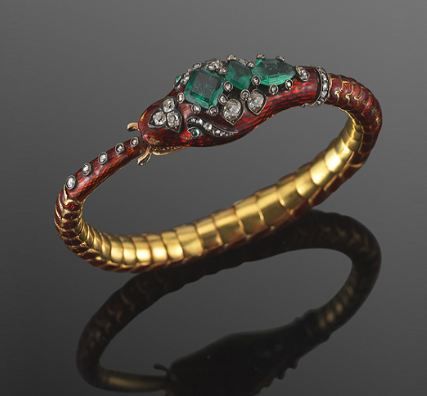Emerald and diamond snake bracelet.