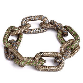 Sapphire, tsavorite, diamond and silver link bracelet.
