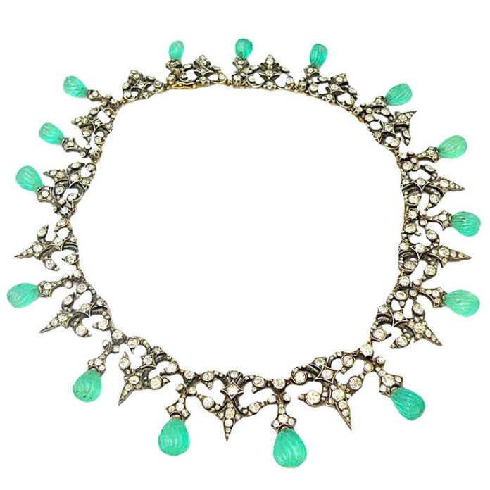 Necklace Collection : A carved emerald drop, diamond, silver and gold ...