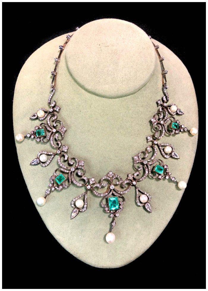 A stunning antique necklace with diamonds, pearls, and emeralds. Victorian era, ...