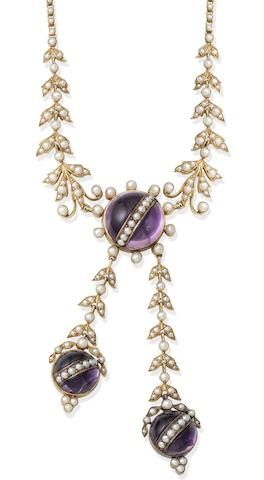 AN AMETHYST AND SEED PEARL NEGLIGÉE NECKLACE, circa 1890