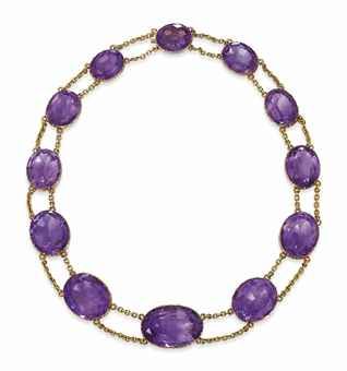 AN ANTIQUE AMETHYST CHOKER - Designed as a line of eleven graduated oval-shaped ...
