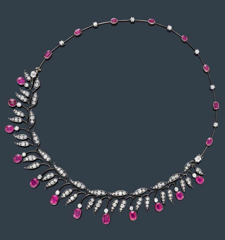 AN ANTIQUE SILVER TOPPED GOLD, BURMESE RUBY AND DIAMOND NECKLACE, MOSCOW, CIRCA ...