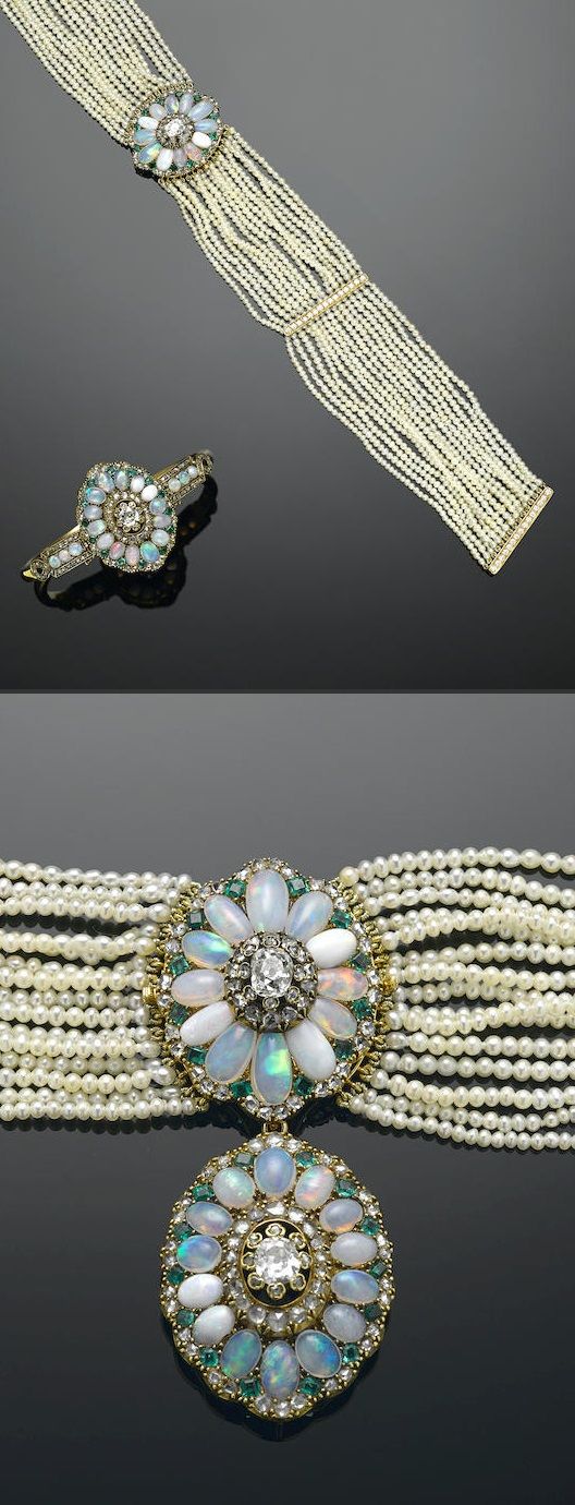 Antique Opal and Emerald and Seed Pearl Choker Necklace and Bracelet, Late 19th ...