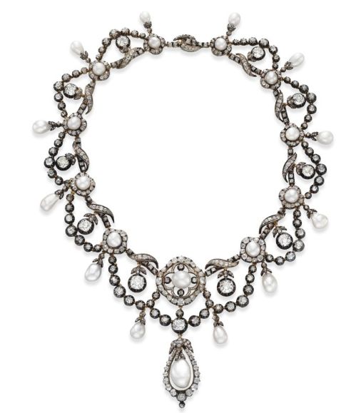 Antique natural pearl and diamond necklace - circa 1860